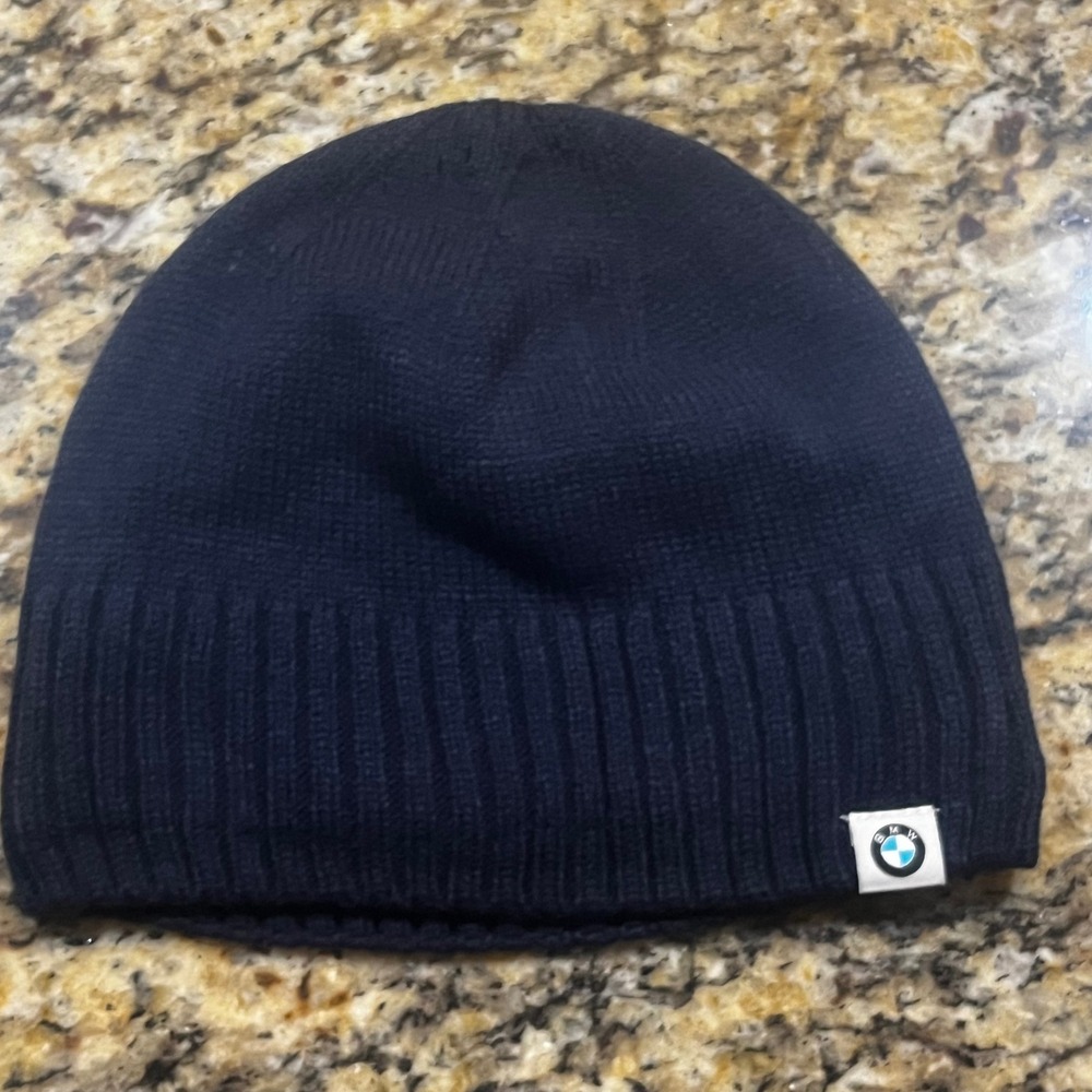 BMW Navy Blue Knit Beanie Hat Fleece Lined One Size Acrylic Mens Ribbed Cuff